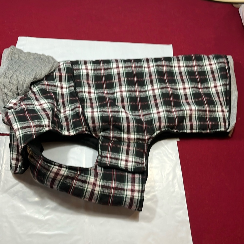 Telluride GRAY KNIT HOODED red green black plaid THICK FLEECE Dog Jacket COAT XL
